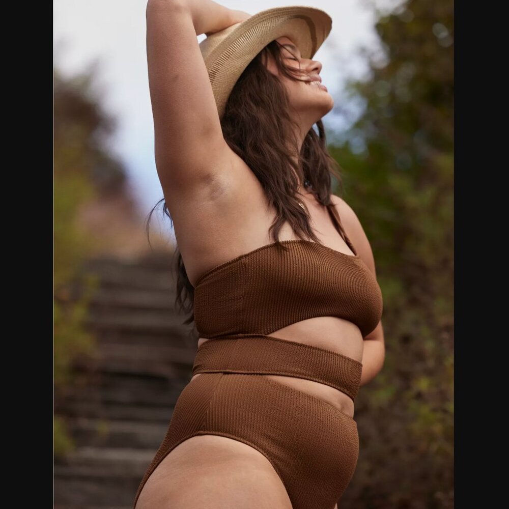 Aerie Crinkle Cut Out One Shoulder One Piece Swimsuit Dark Brown Size S